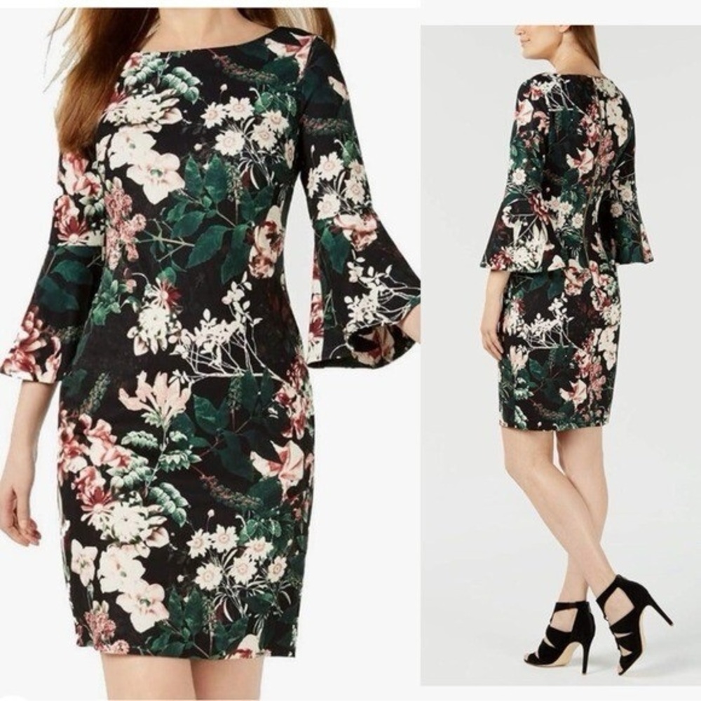 Calvin Klein Sheath Dress Floral 3/4 Length Bell Sleeves Black Women 8 P Petite